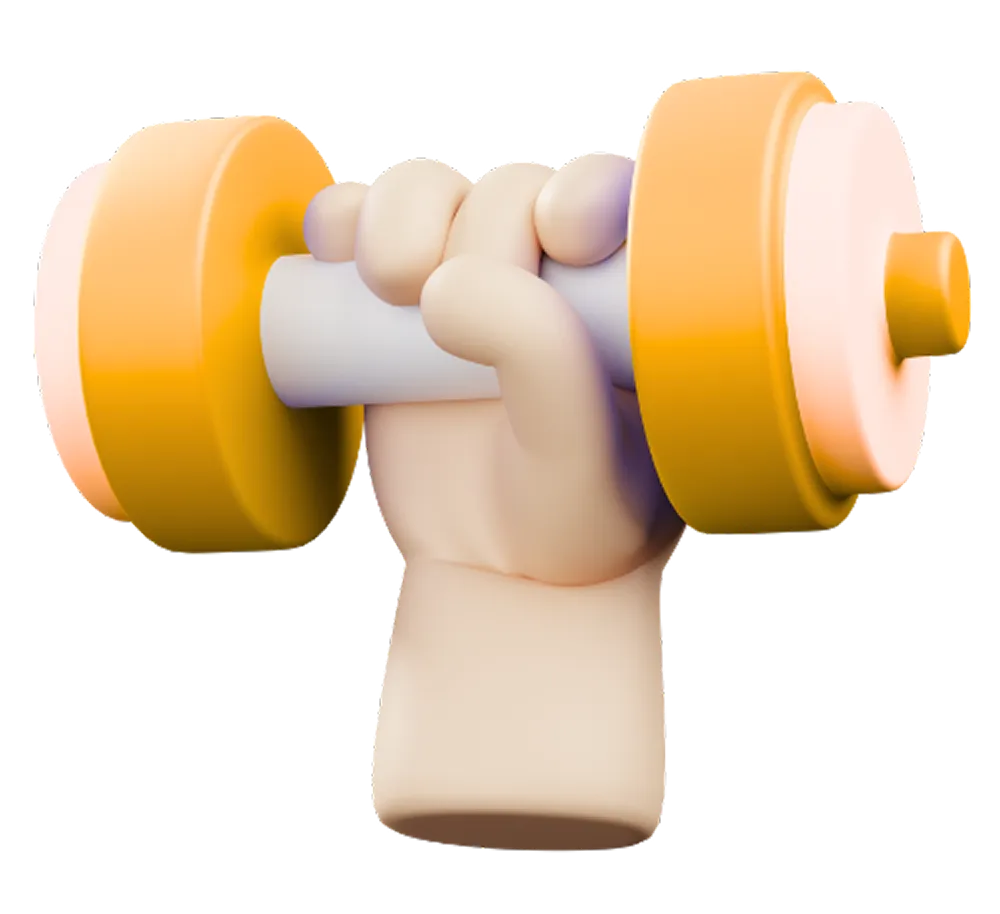 A cartoon character holding a yellow and blue dumbbell.