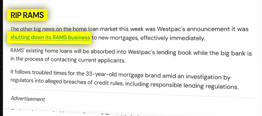 Westpac’s announcement it was shutting down its RAMS business
