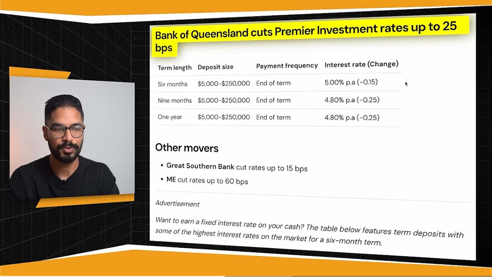 Ravi is talking about the BAck of Queensland cuts premier investment rates up to 25 bps