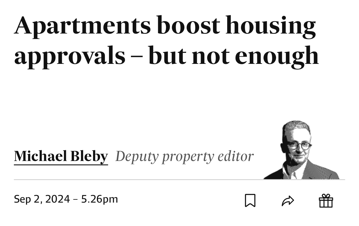 Michael Bleby quoted, Apartments boost housing approvals - but not enough