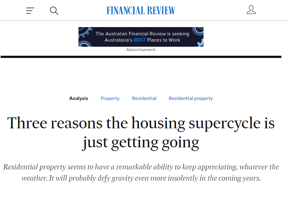 Screenshot on the header part of Financial Review’s analysis about three reasons the housing supercycle is just getting going