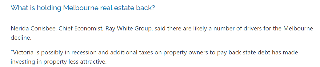 A screenshot of a question and answer, what is holding Melbourne real estate back?