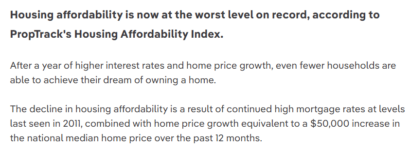 Statement highlighting housing affordability is now at the worst level