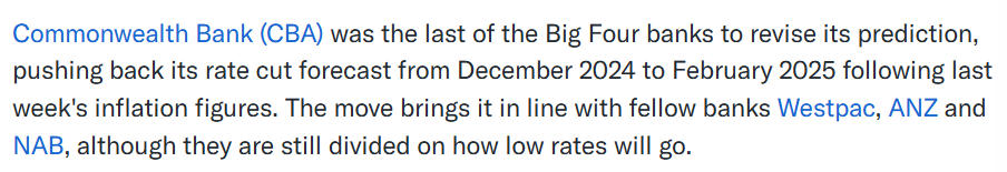  A screenshot of a statement about CBA was the last of the Big 4 banks to revise its predictions