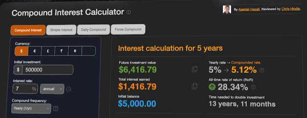 A screenshot of having %500,000 initial investment with 7% interest rate‍