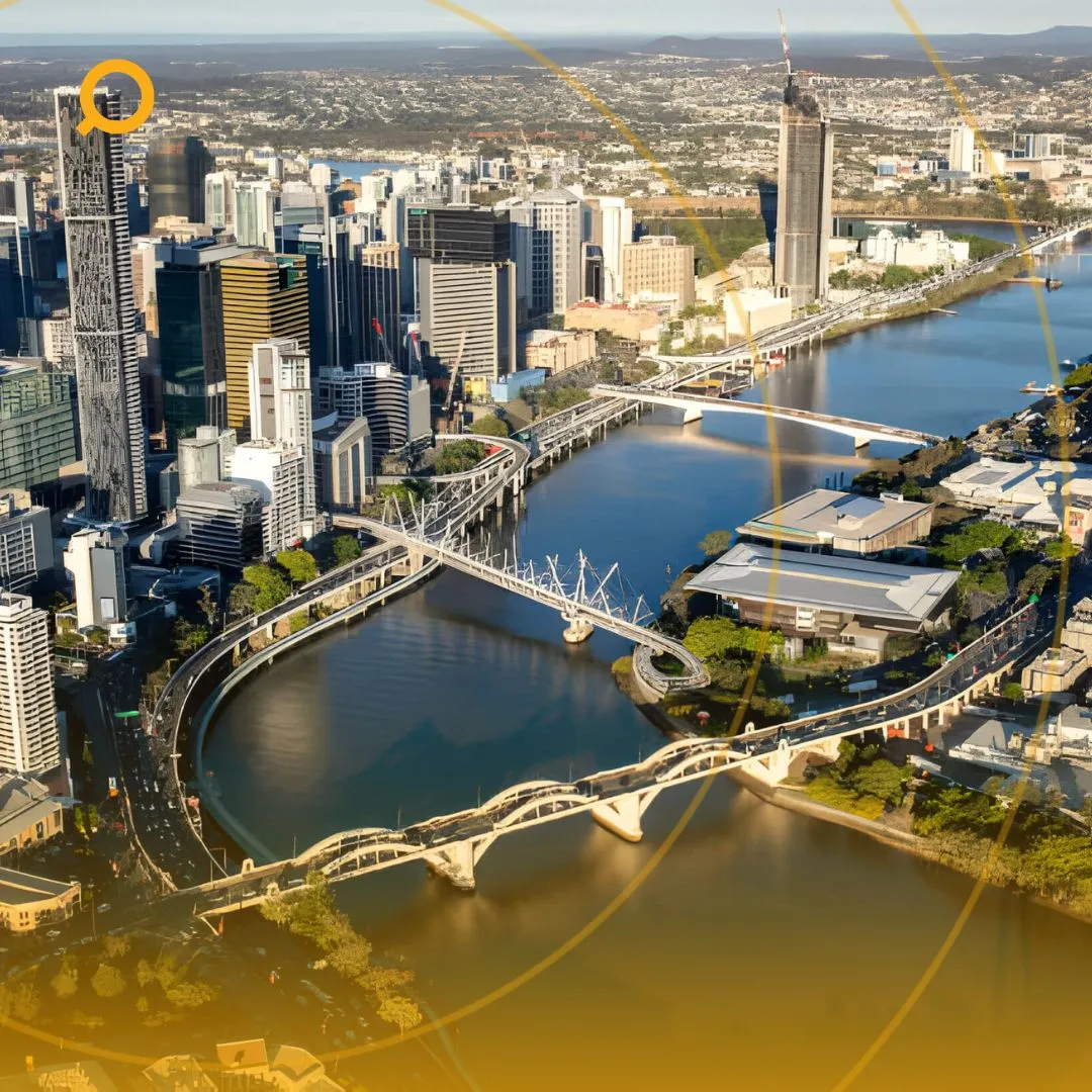 An aerial shot of properties, and buildings in Australia with Search Property logo on the upper left