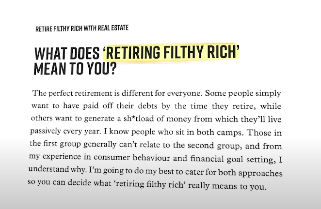 Part of the book explaining what retiring filthy rich means