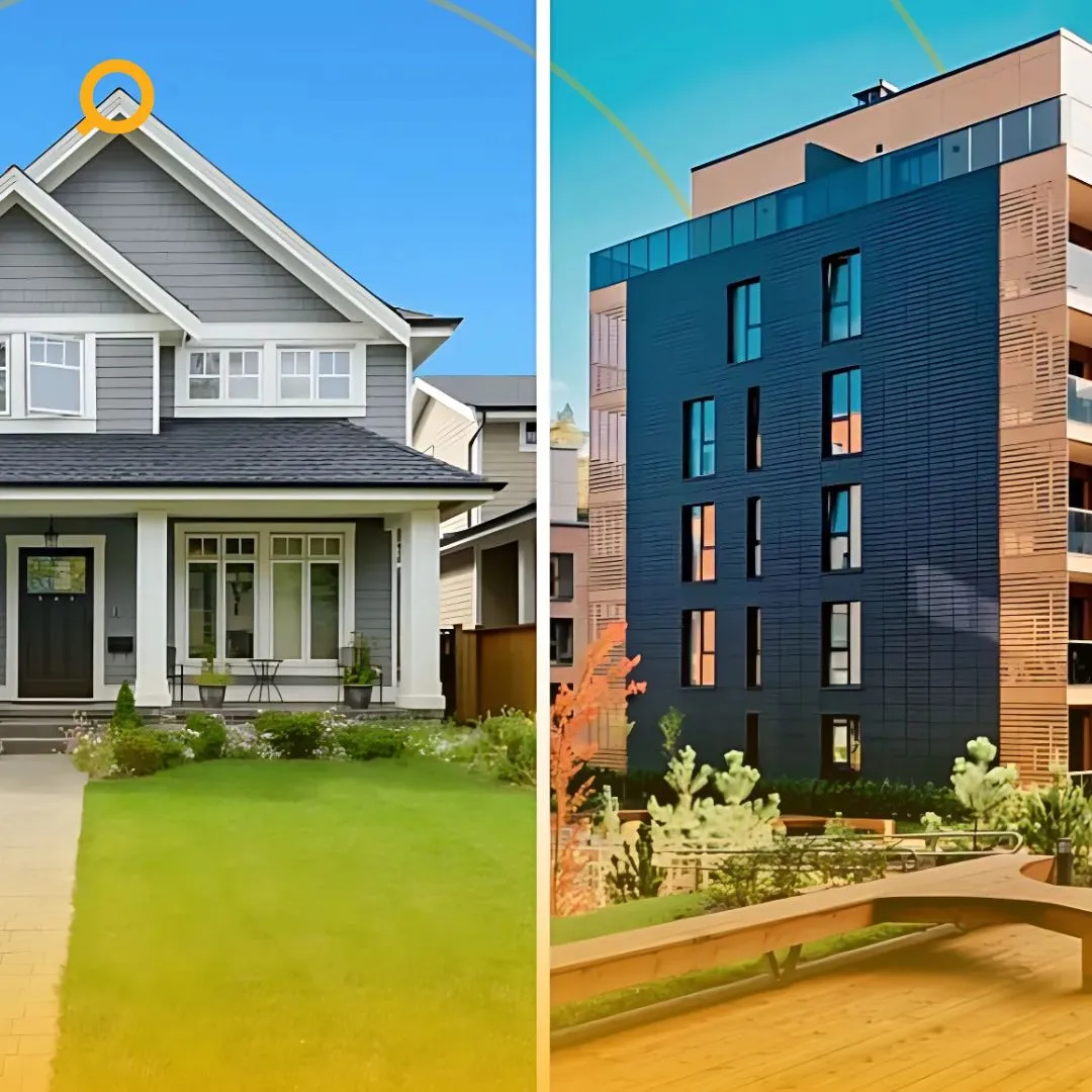 Exterior shot of a house and unit on each side with SP' logo o the upper right