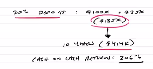 20% deposit, and cash o cash return calculated