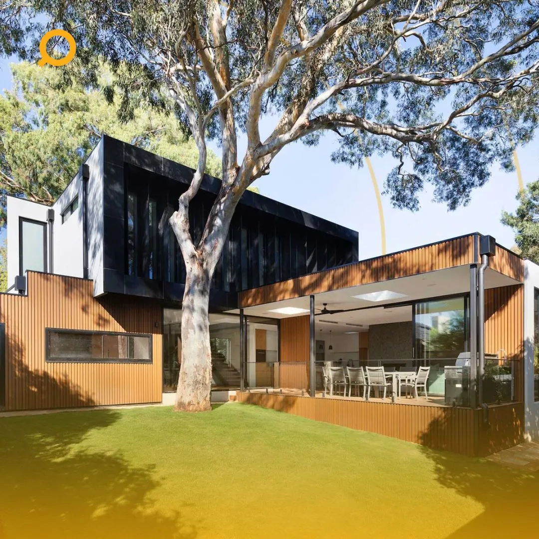 Exterior shot of a modern house with Search Property logo on the upper left
