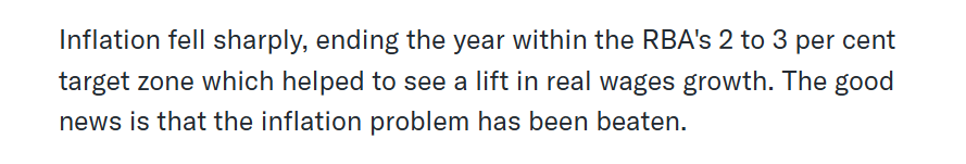 Text discussing inflation drops to RBA target, boosting wages