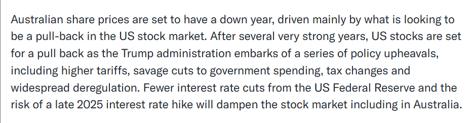 Text discussing Australian share prices declining in 2025