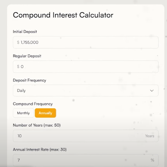 compound interest calculator with values set for a $1.755M investment at 7% for 10 years