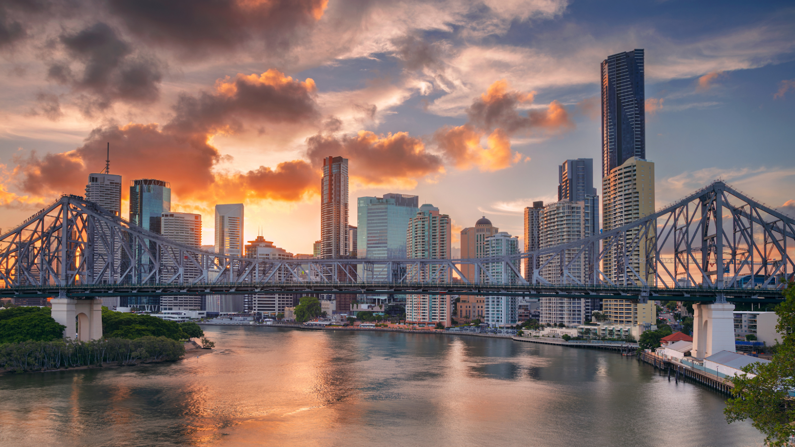 Sunset over Brisbane city skyline with the Story Bridge