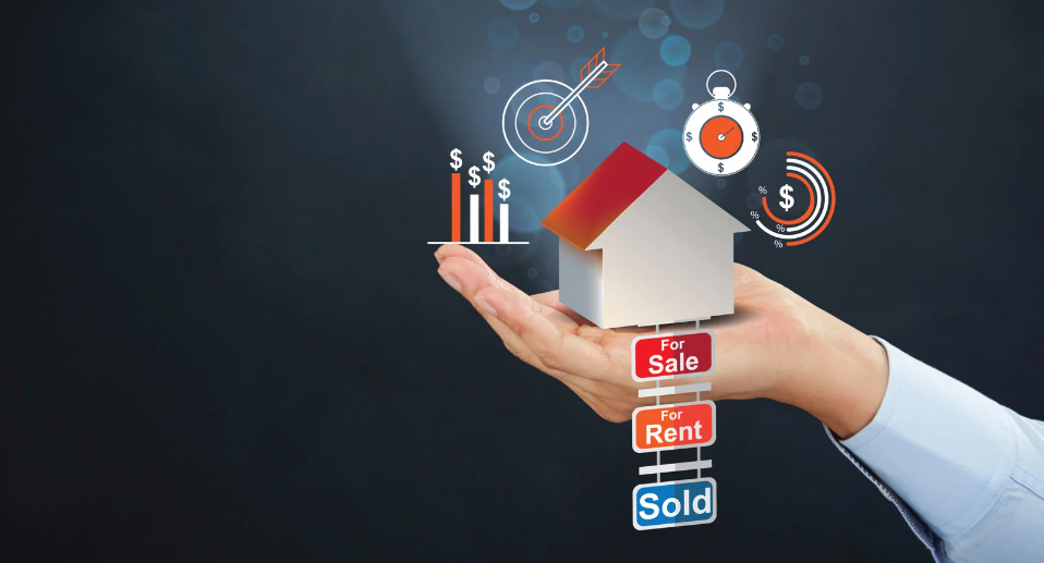 Hand holding a small house model with floating icons representing real estate concepts