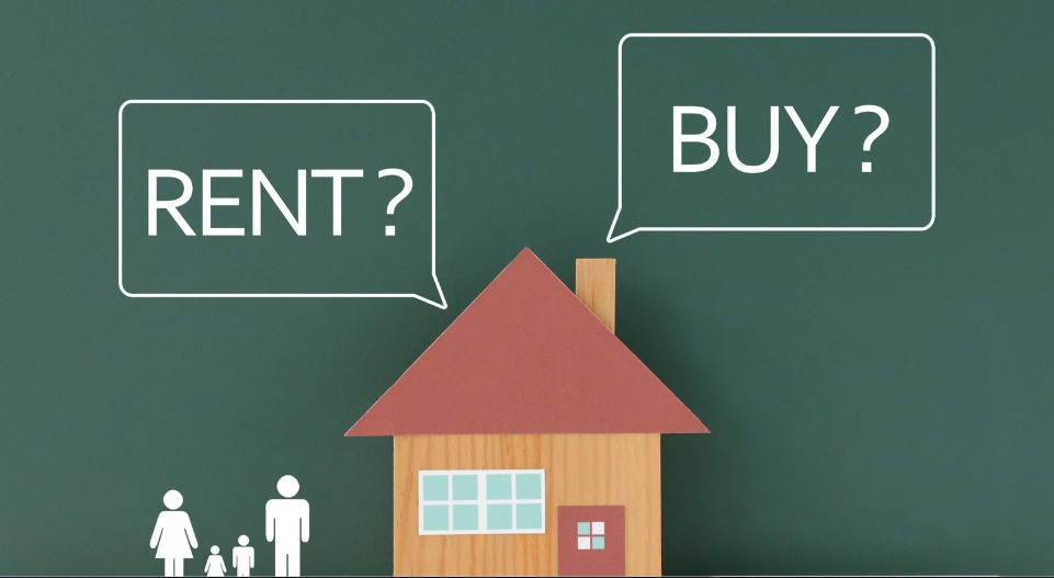 Illustration of a wooden house model with bubbles reading "RENT" and "BUY”