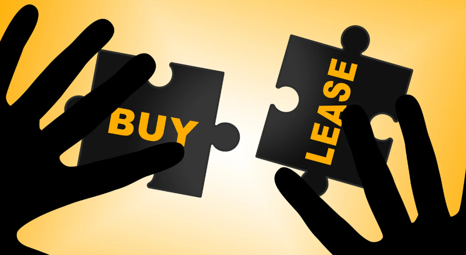 Two hands holding puzzle pieces with the words "BUY" and "LEASE" on a yellow background.