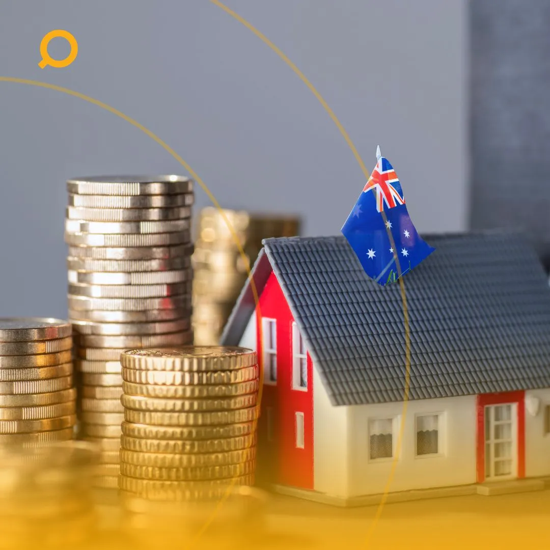 Miniature house with an Australian flag beside stacked coins, with a rising graph in the background, symbolising increasing property prices.