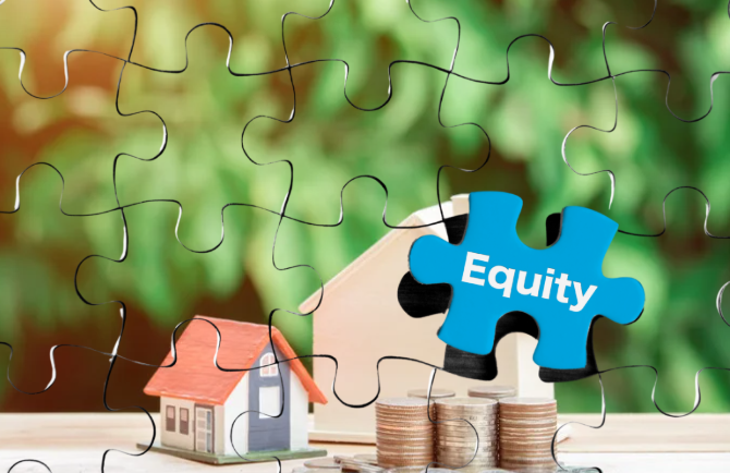 Puzzle pieces featuring miniature houses and coins, with a blue piece labeled "Equity" symbolizing financial concepts in real estate.