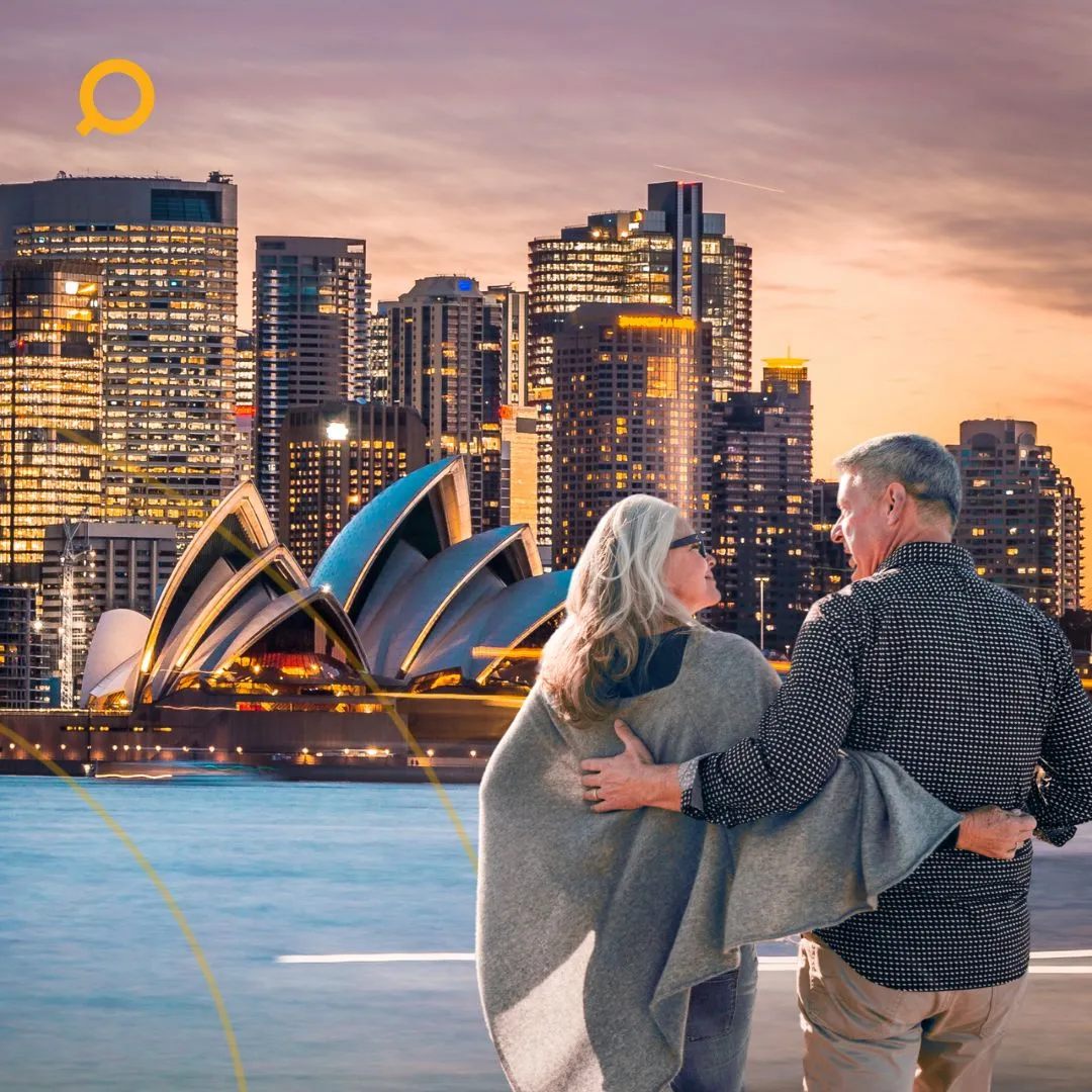 Older couple looking at Sydney Opera House with text about retirement in Australia.