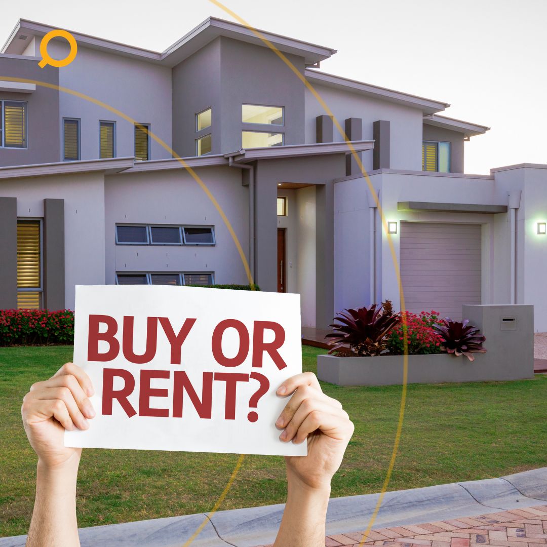 A person holding a sign that says "Buy or Rent?" in front of a modern home, with a question about housing choices in 2025.