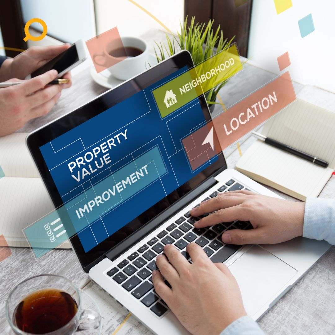 Individual analyzing real estate data on a laptop, with key terms like 'Neighborhood Insights,' 'Location Score,' and 'Property Valuation' highlighted on the screen.