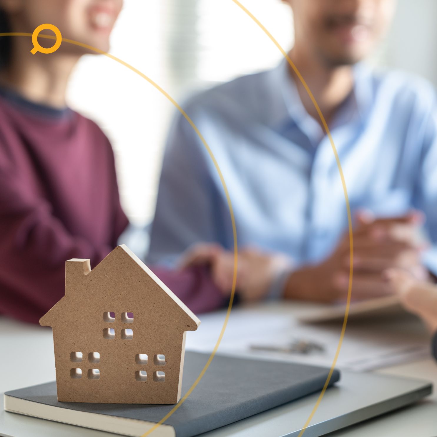Illustration of a miniature wooden house placed on a table, with two people sitting in the background discussing property investment; overlaid with text promoting the benefits of a buyer’s agent.