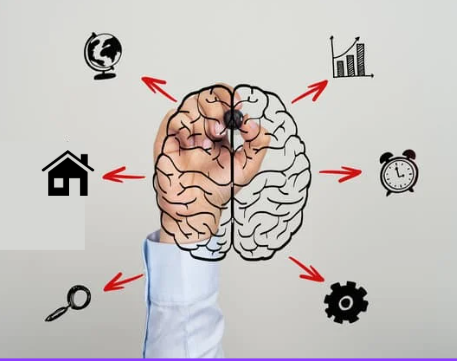 Hand drawing a brain diagram with red arrows pointing to icons representing global reach, business growth, home, time management, search, and settings.