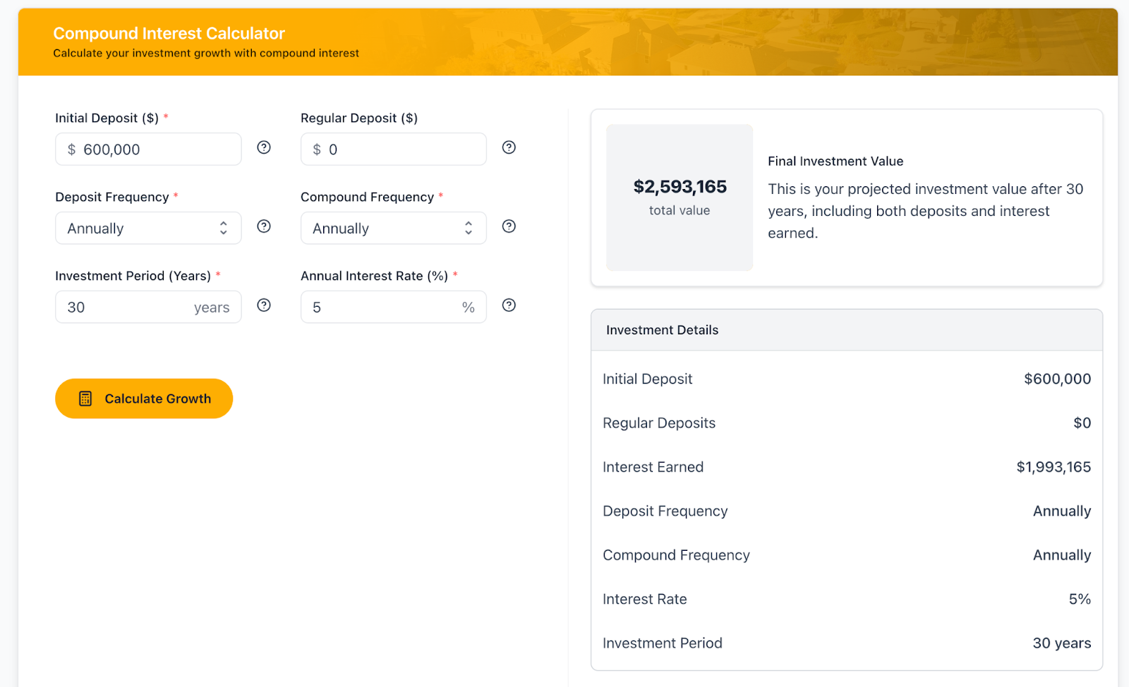 Search property compound interest calculator showing $600,000 initial deposit growing to $2.59M over 30 years at 5% annual interest.