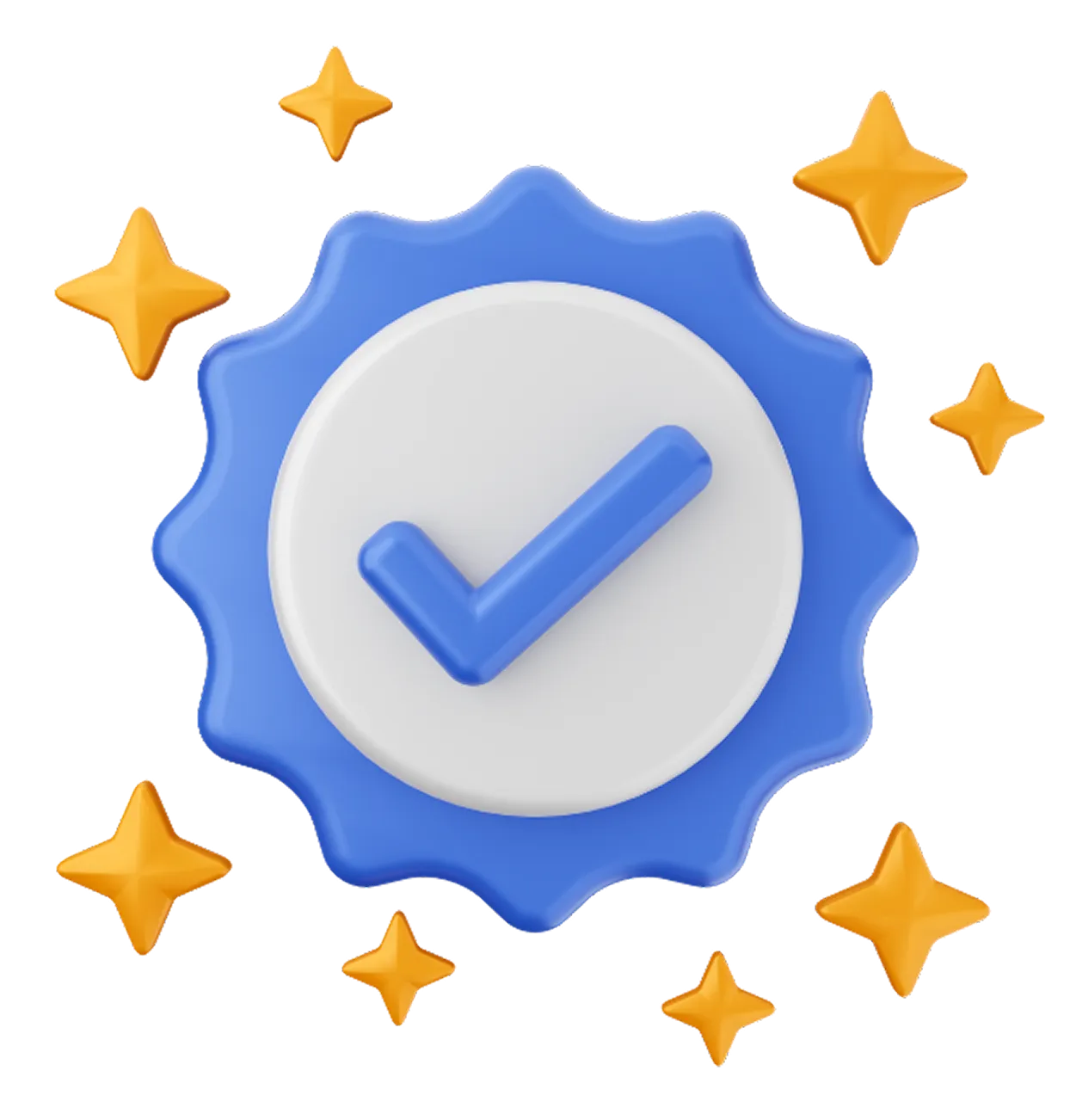 A blue and white button with stars around it.