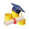 A graduation cap and a pile of gold coins.